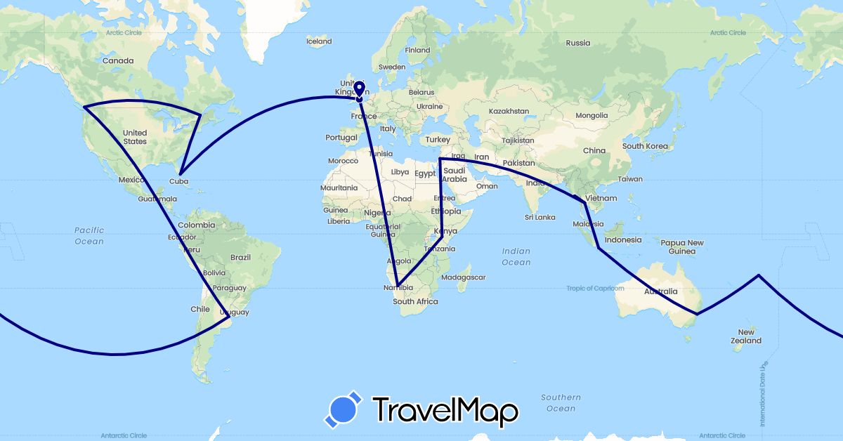 TravelMap itinerary: driving in Argentina, Australia, Canada, Fiji, United Kingdom, Indonesia, Jordan, Kenya, Myanmar (Burma), Namibia, Thailand, United States (Africa, Asia, Europe, North America, Oceania, South America)