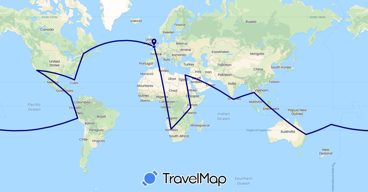 TravelMap itinerary: driving in Australia, Canada, Costa Rica, Egypt, Fiji, United Kingdom, Indonesia, Kenya, Sri Lanka, Namibia, Peru, Thailand, United States (Africa, Asia, Europe, North America, Oceania, South America)